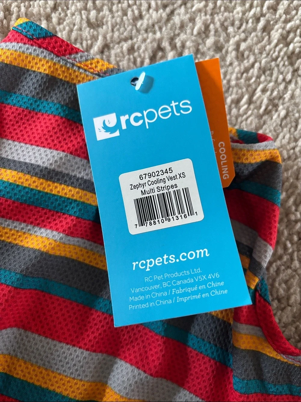 RC Pets Zypher Cooling Vest XS Multi Stripes for cats or dogs.